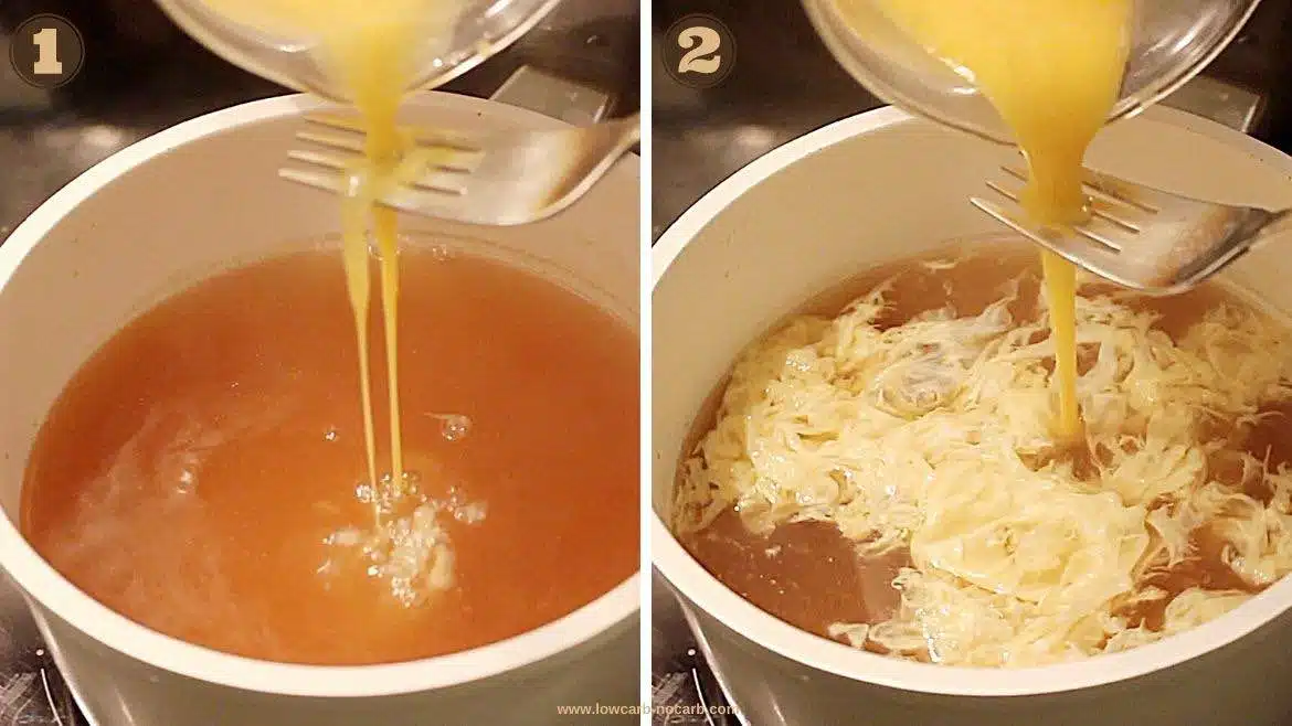 Pouring mixed eggs into a bone Broth to make Egg Drop Soup