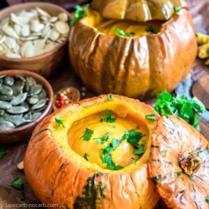 Pumpkin Soup served inside baked pumpkin