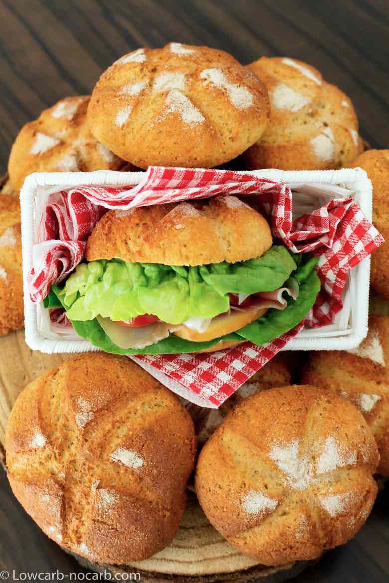 Keto Fiber Bread Rolls Recipe as a burger in a basket