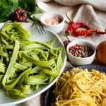 Keto Fiber Noodles with writing on top and green and white noodles
