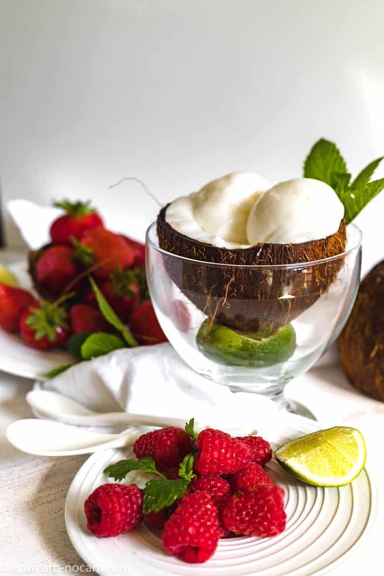 Keto Coconut Ice Cream with berries and lemon