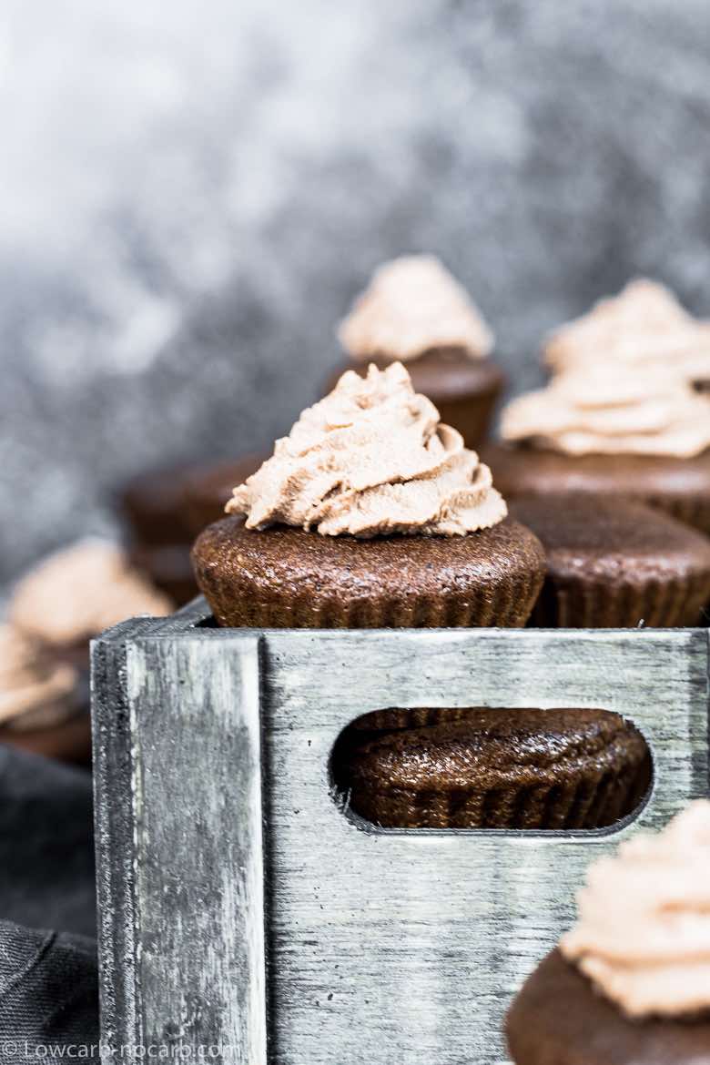 Chocolate Keto Cupcakes in a wooden box