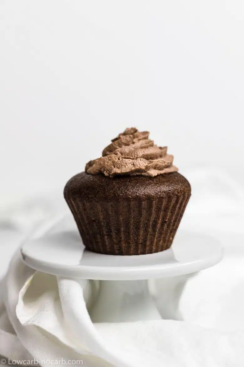 Chocolate Keto Cupcakes on a white stand
