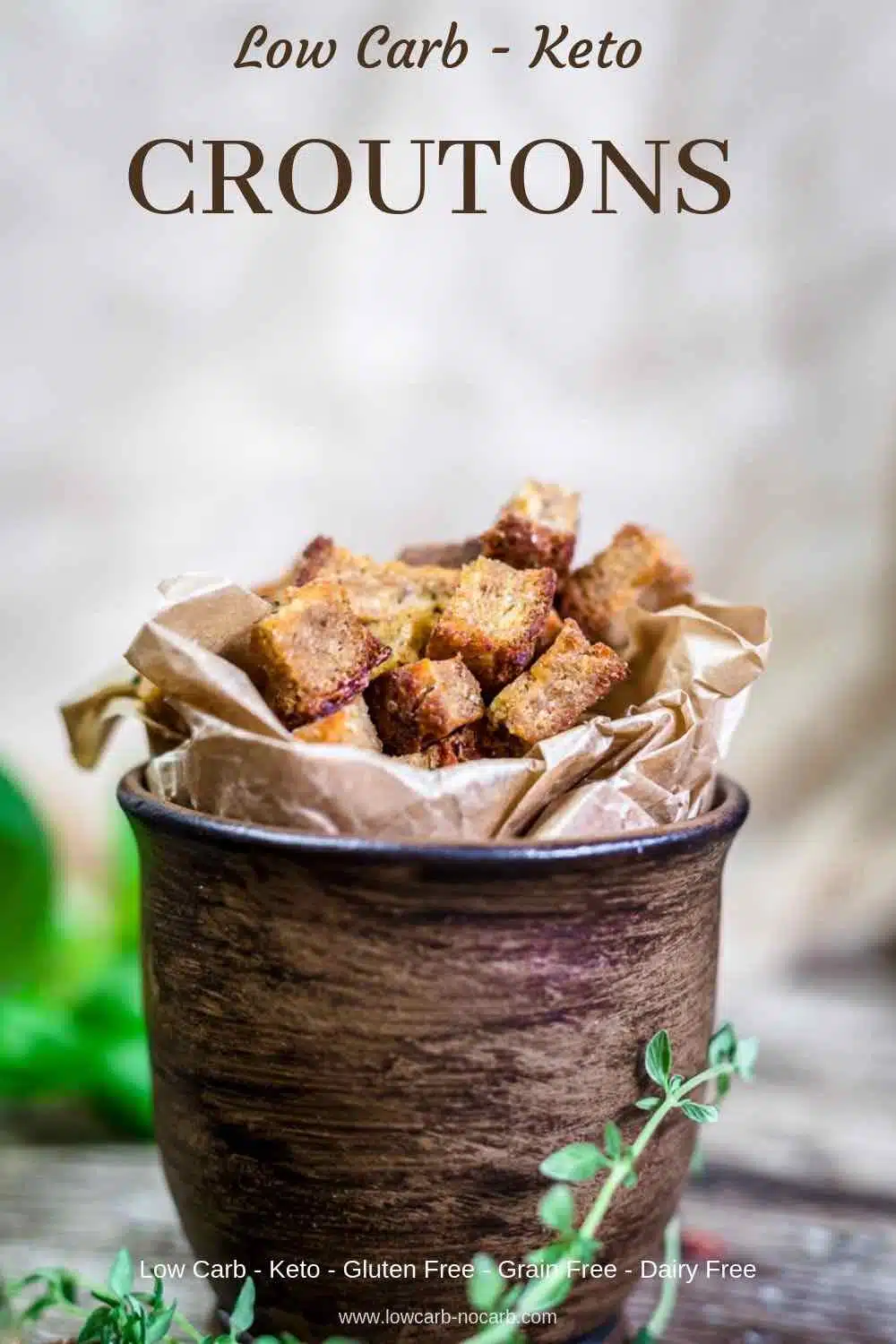 Keto Low Carb Crispy Croutons in a bowl with herbs