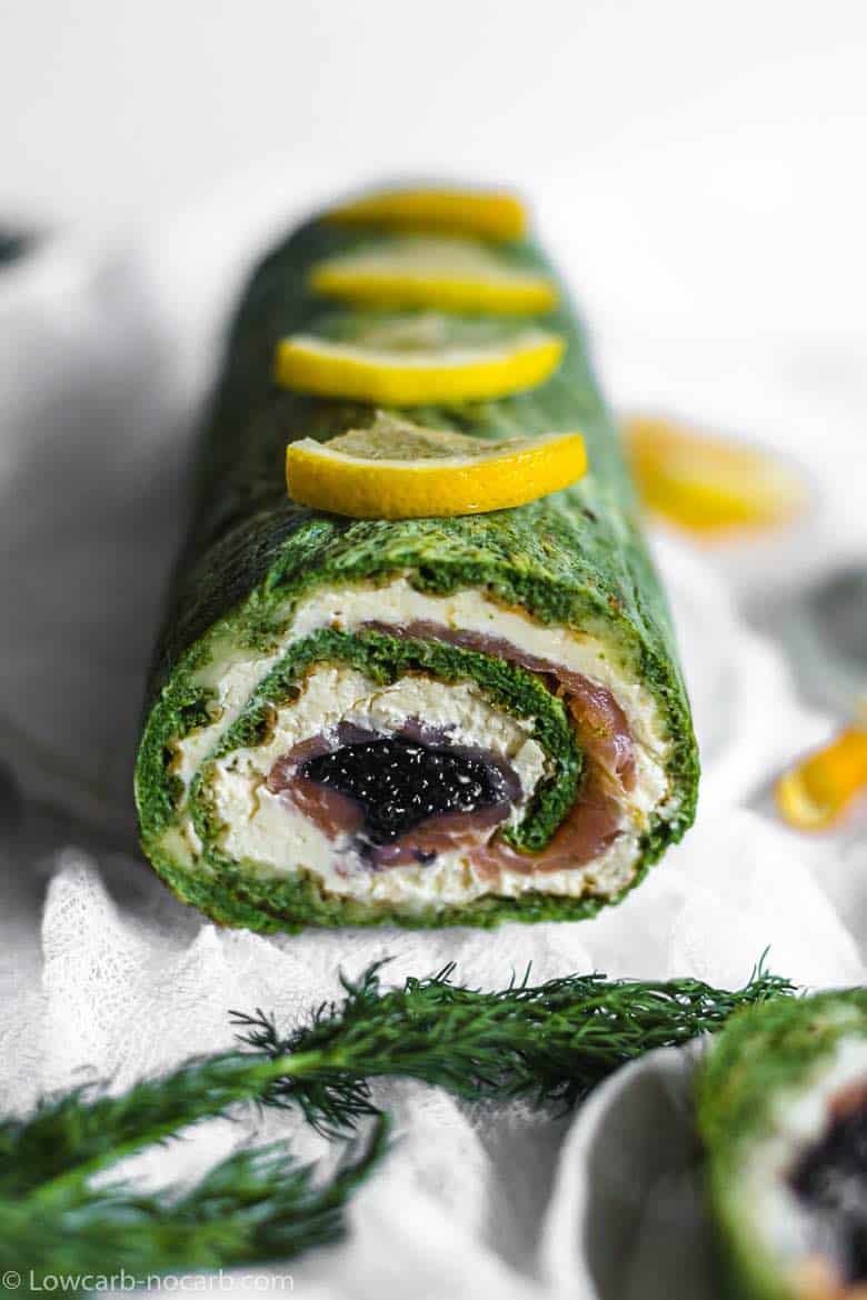 Keto Spinach Roulade with Smoked Salmon and Caviar