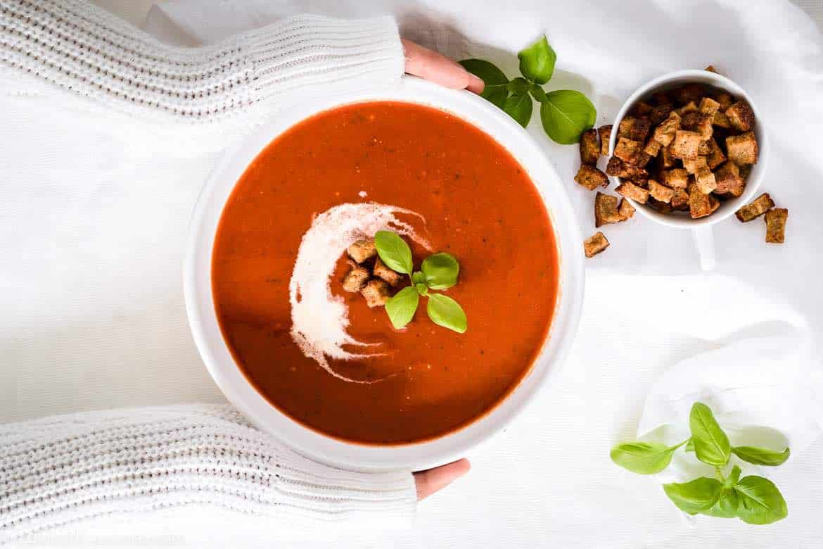 Low Carb Roasted Tomato Basil Soup recipe with fresh beefsteak tomatoes