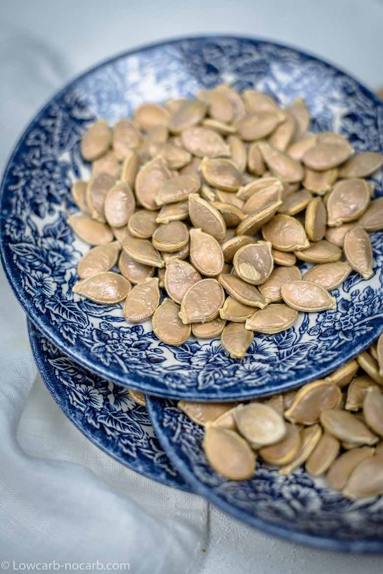 Pumpkin Seeds on a blue decorated plate