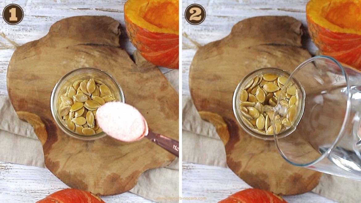 Adding water to a pumpkin seeds for soaking