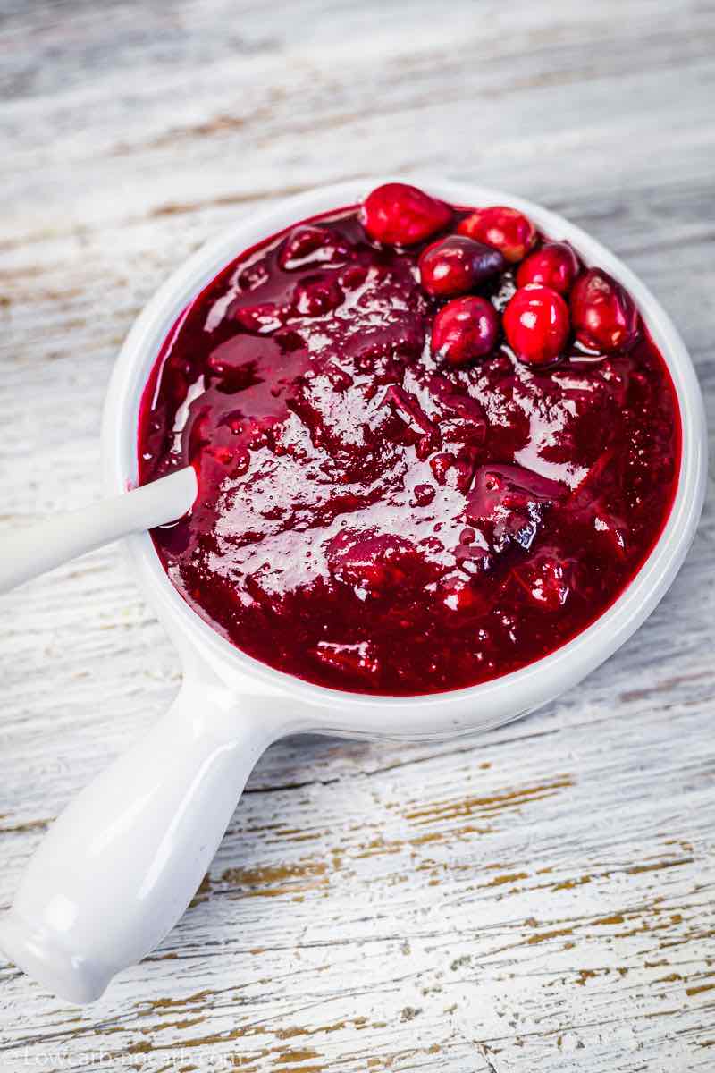 sugar-free cranberry sauce in a white serving bowl