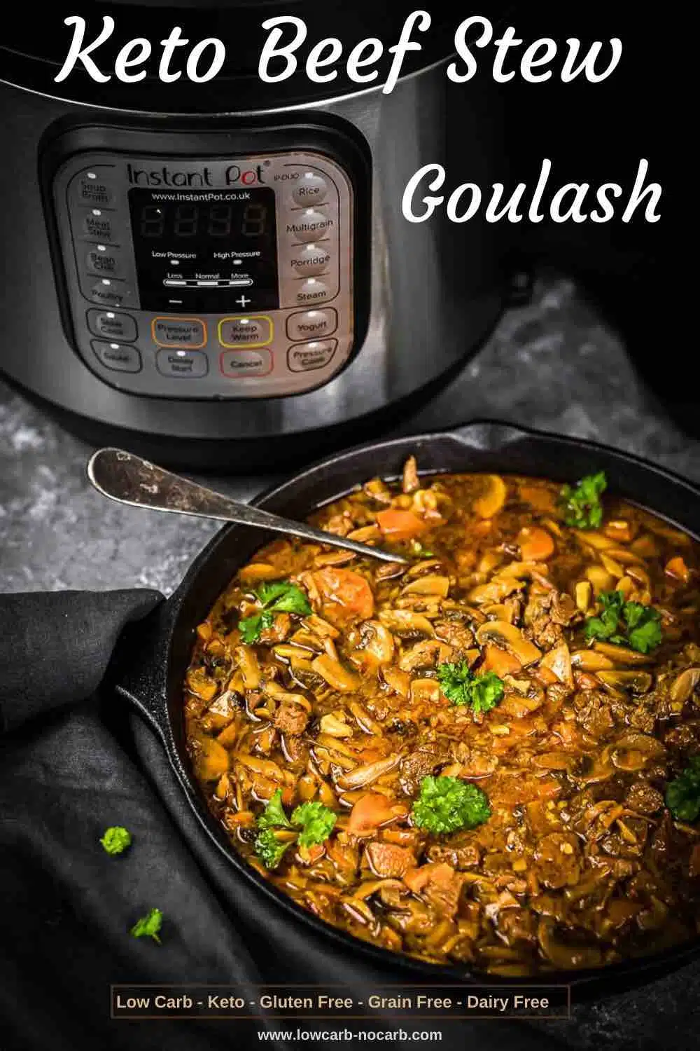 Low Carb Goulash in a Black serving dish