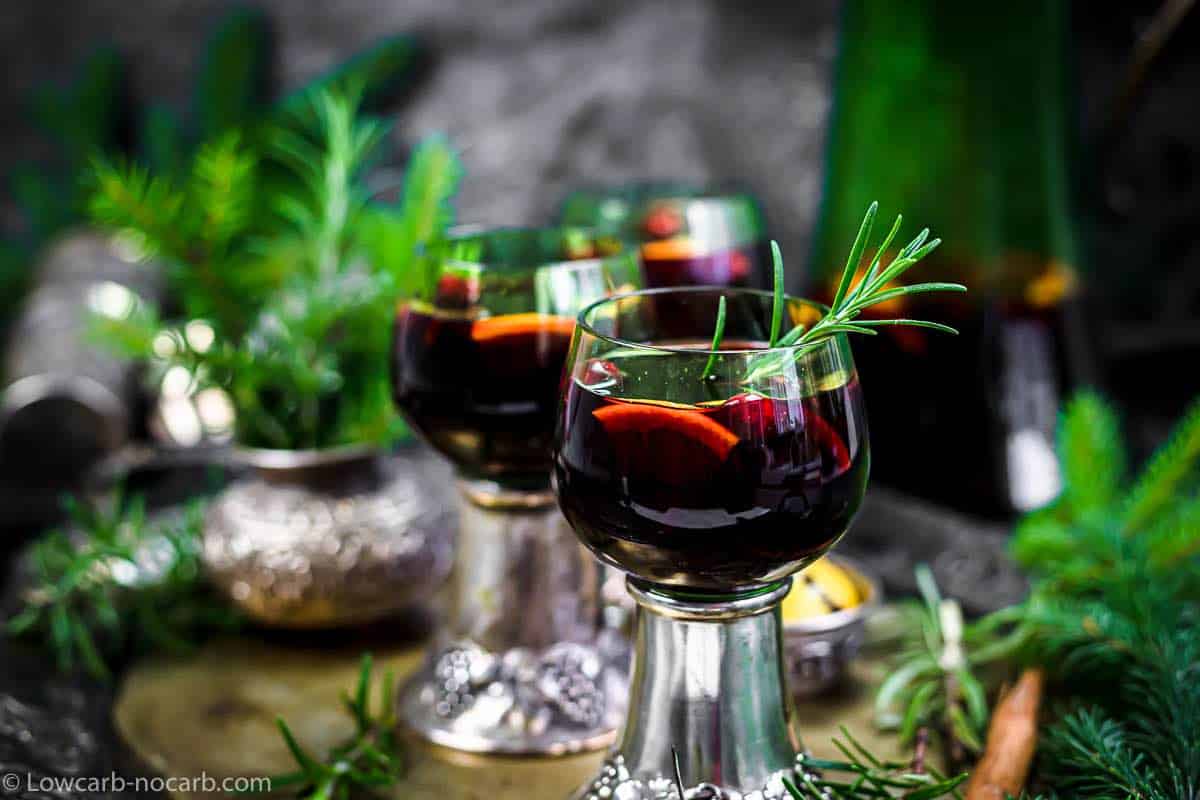 Low Carb Mulled wine in a green glass