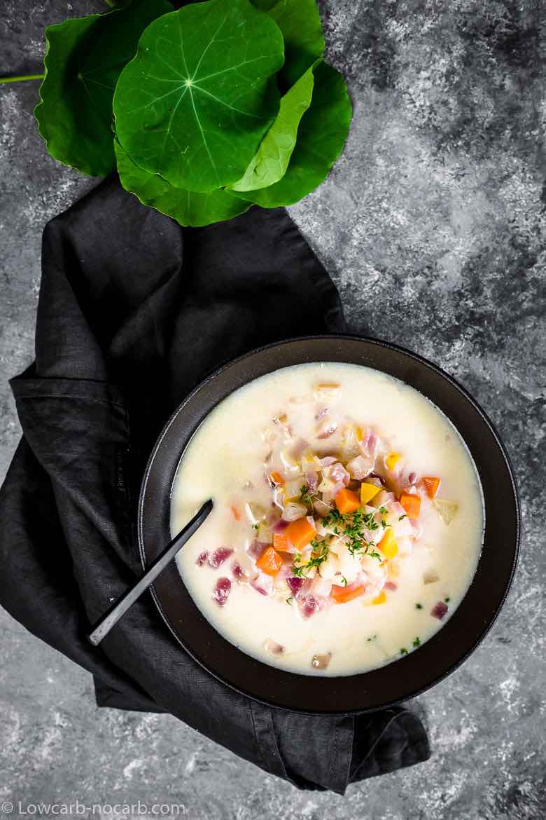 Root Vegetable Keto Soup in a black bowl