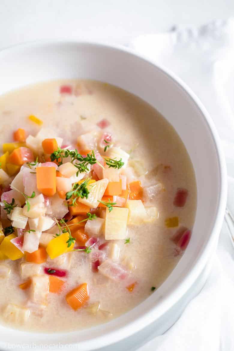 white bow of winter root vegetable soup