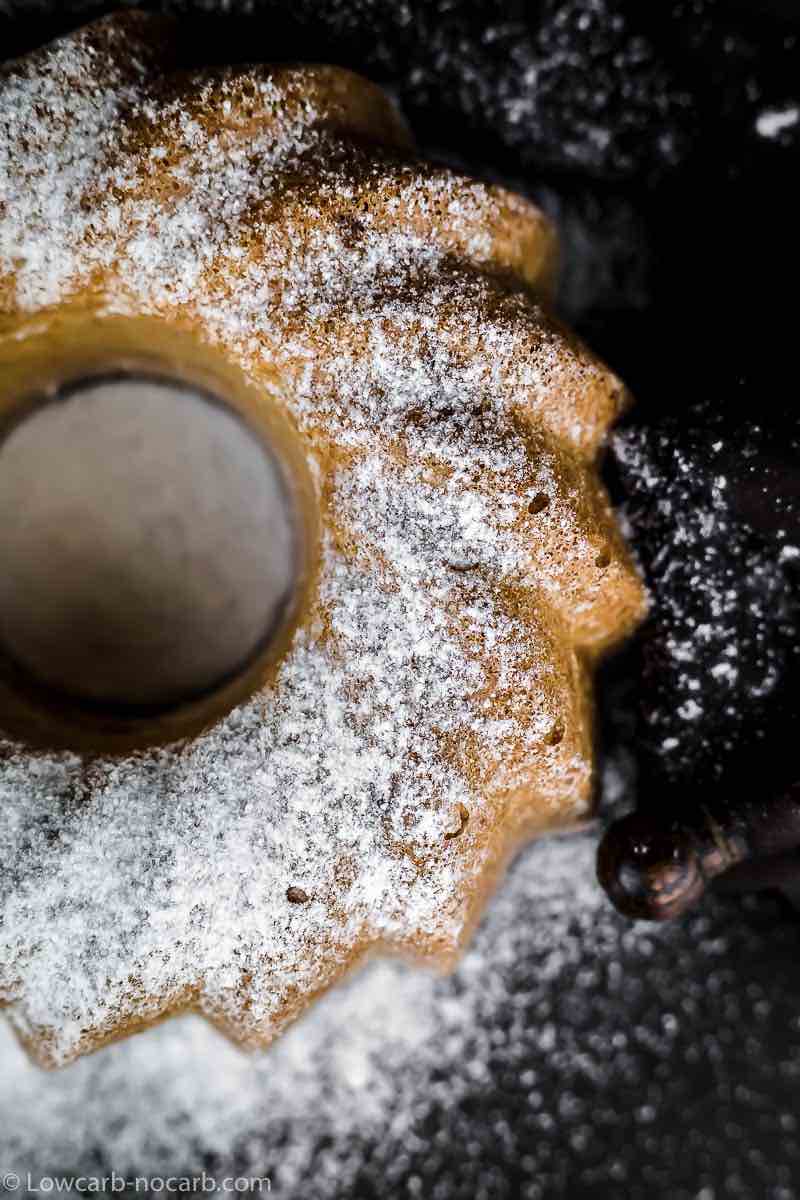 Keto Marble Bundt Cake with powdered sugar on top