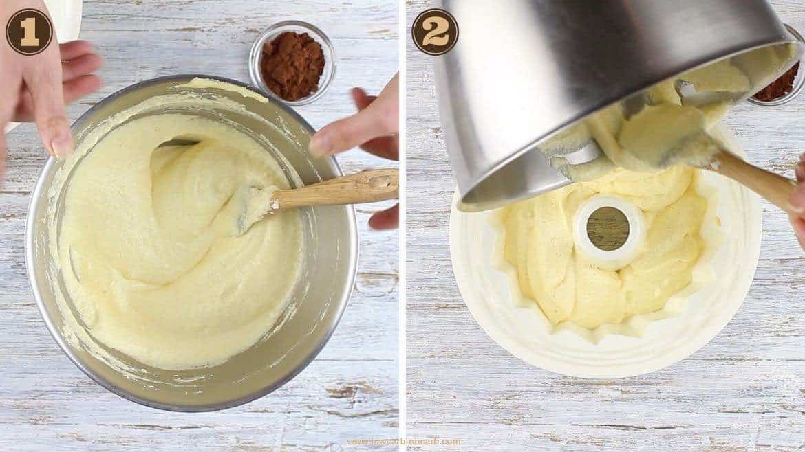 Sugar-Free Ultra Delicious Cake being pored into the silicone baking form