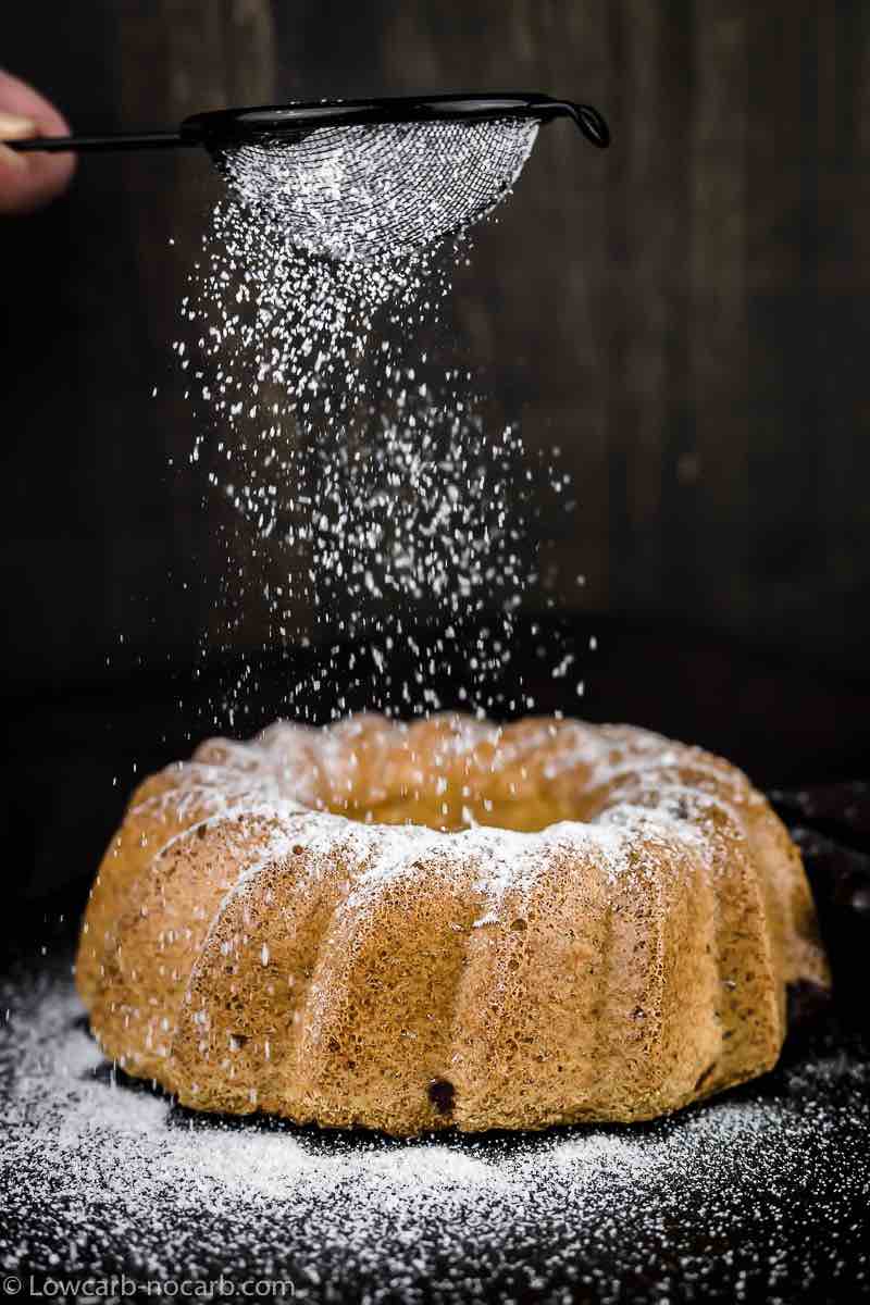 Keto Bundt Cake dusting with powdered sugar
