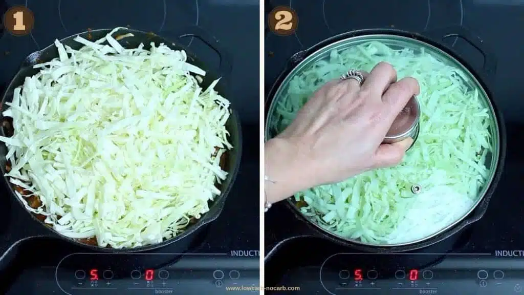 Adding a Cabbage into a skillet for keto Casserole