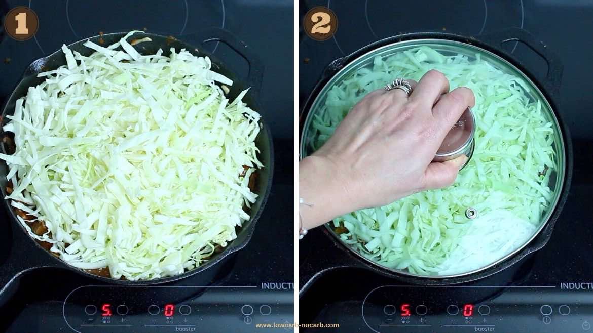Adding Cabbage into a skillet for keto Casserole