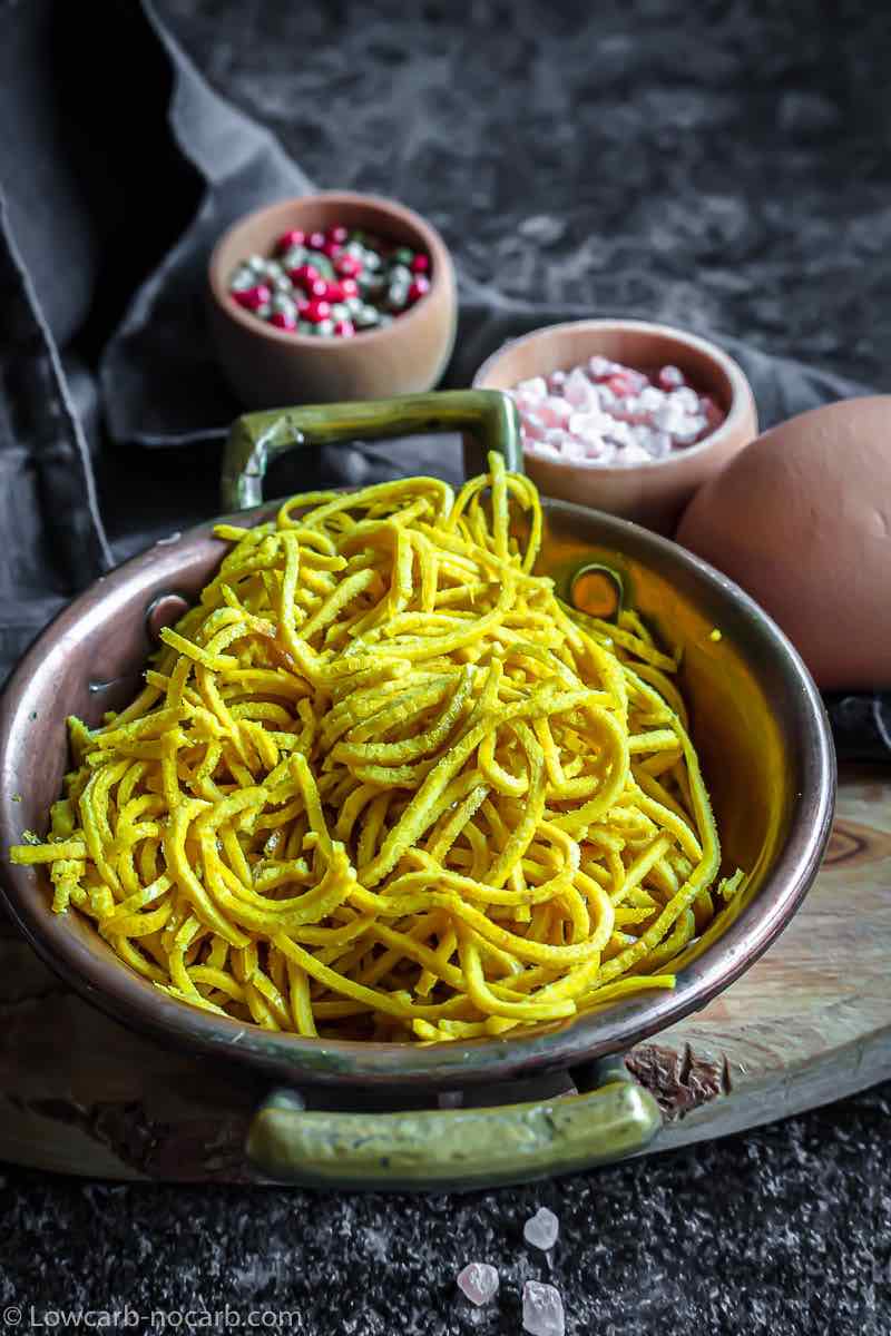 Keto Pasta Dough Recipe spaghetti served inside a rustic bowl