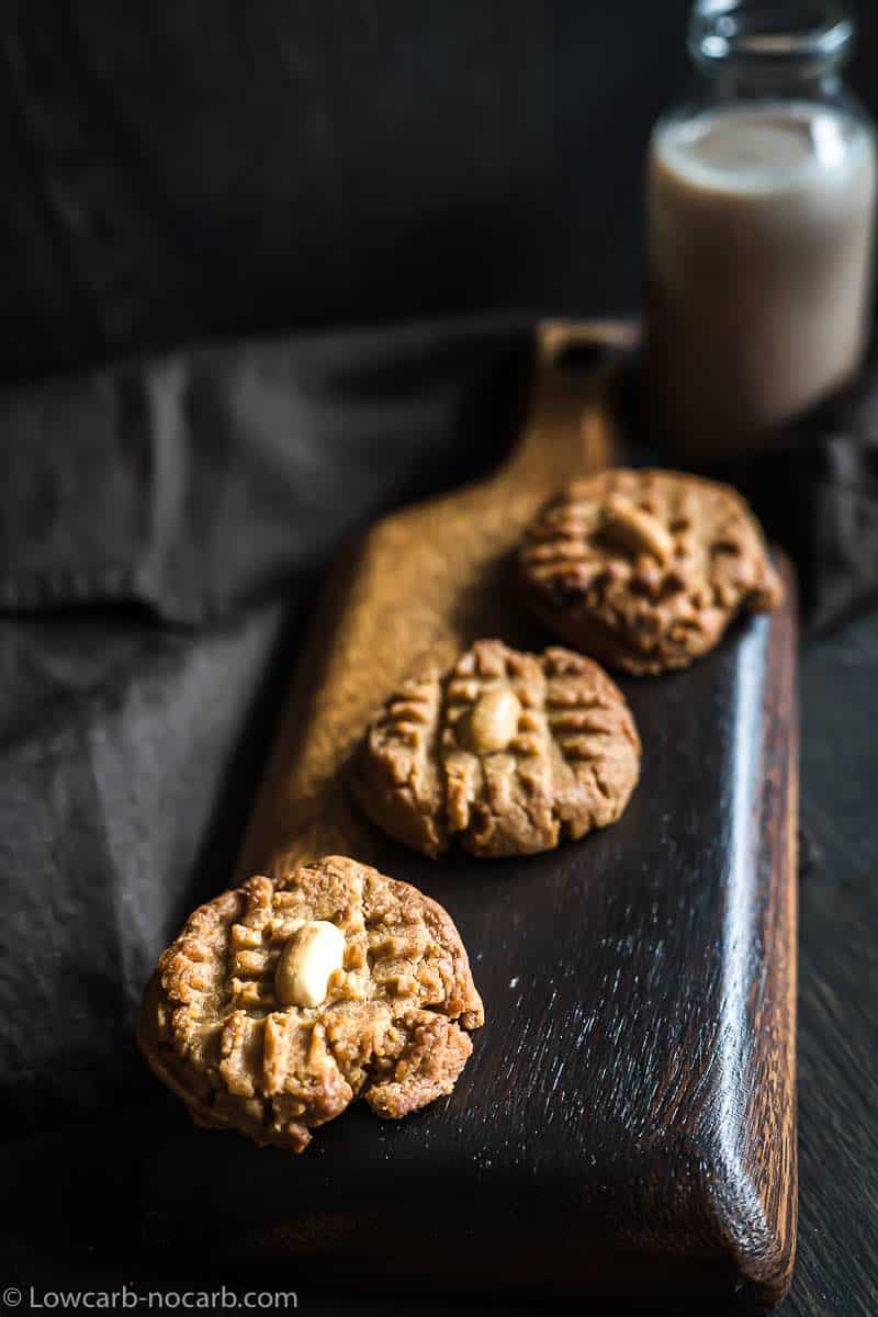 Peanut Butter Keto cookies on a wooden tray
