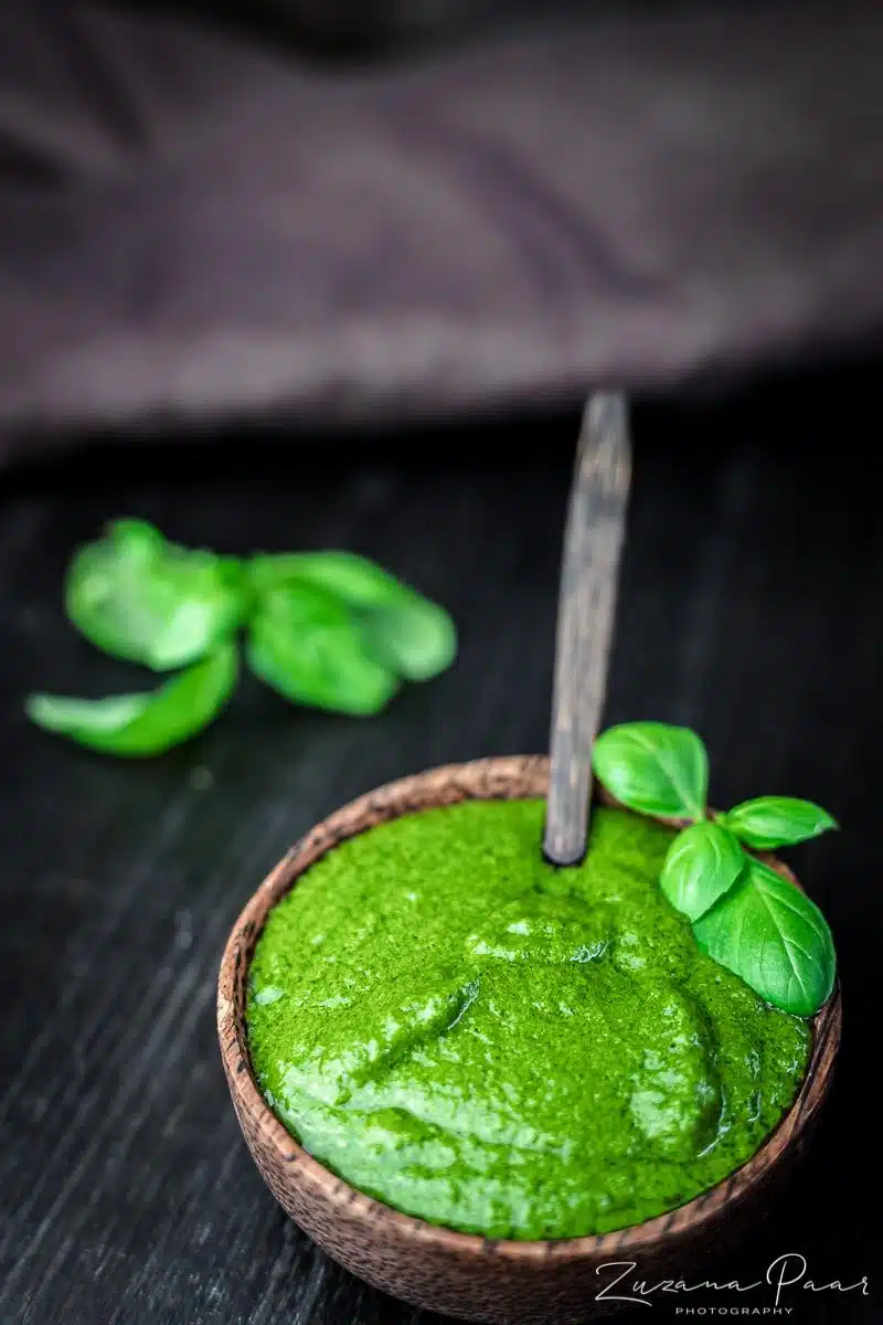Basil Pesto in a wooden bowl to serve