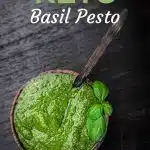 Basil Pesto in the dark wooden bowl