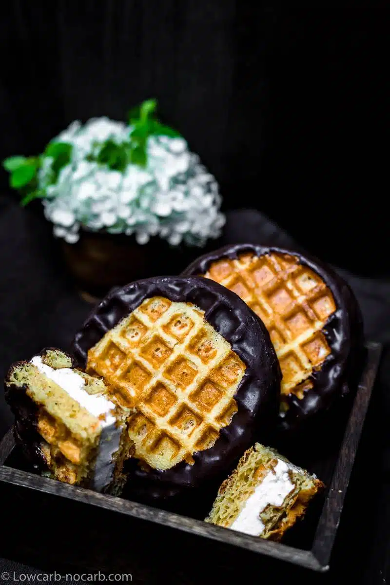 Keto Chaffle Smores with chocolate coating