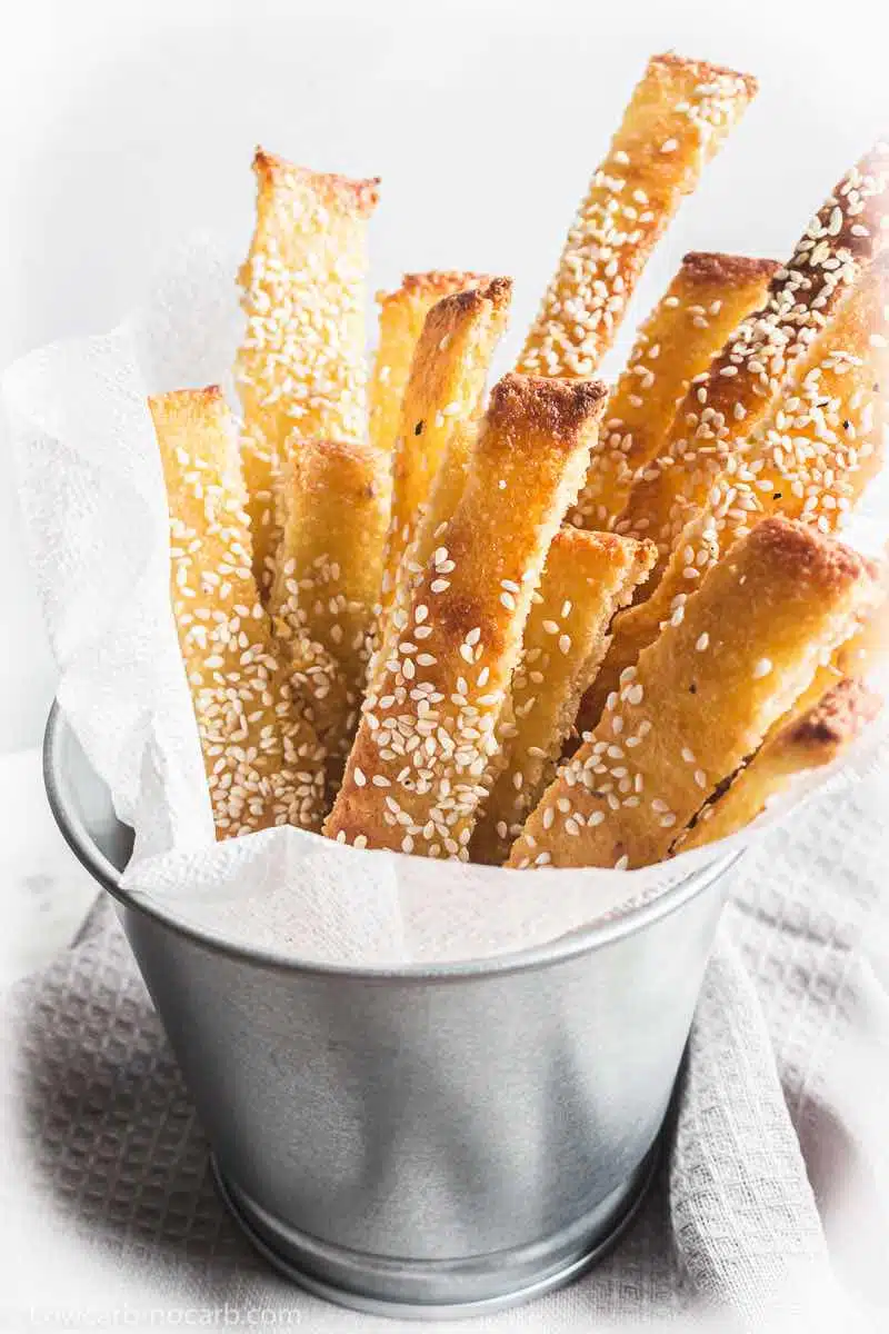 Eggless Fathead Dough Breadsticks in a metal container