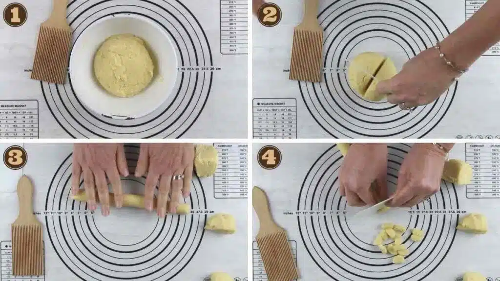 Keto Gnocchi Pasta Recipe rolling and cutting into shapes