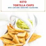Easy Keto Tortilla Chips in a little white basket with avocado spread