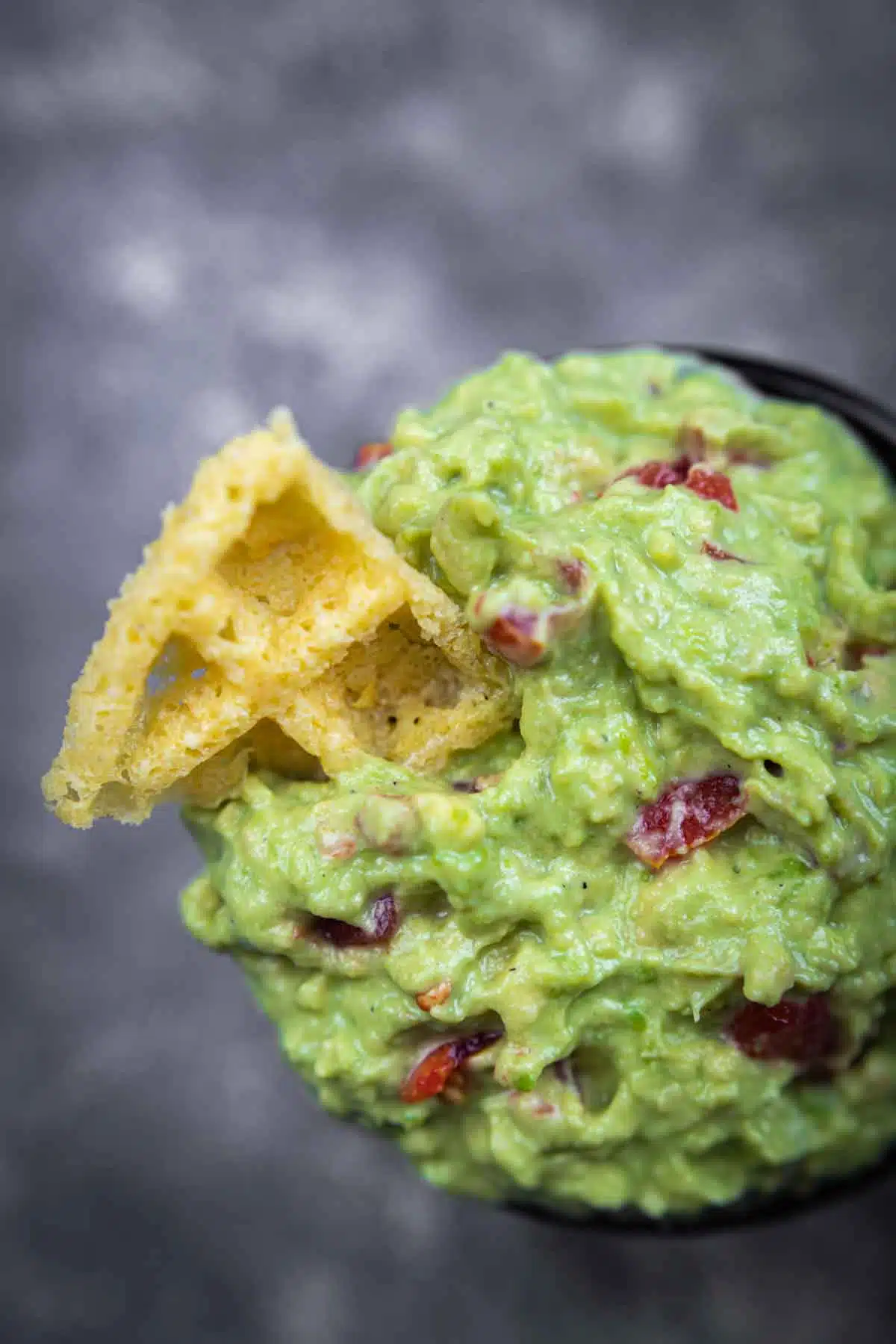 The Best Keto Guacamole with crunch Chaffle chips in