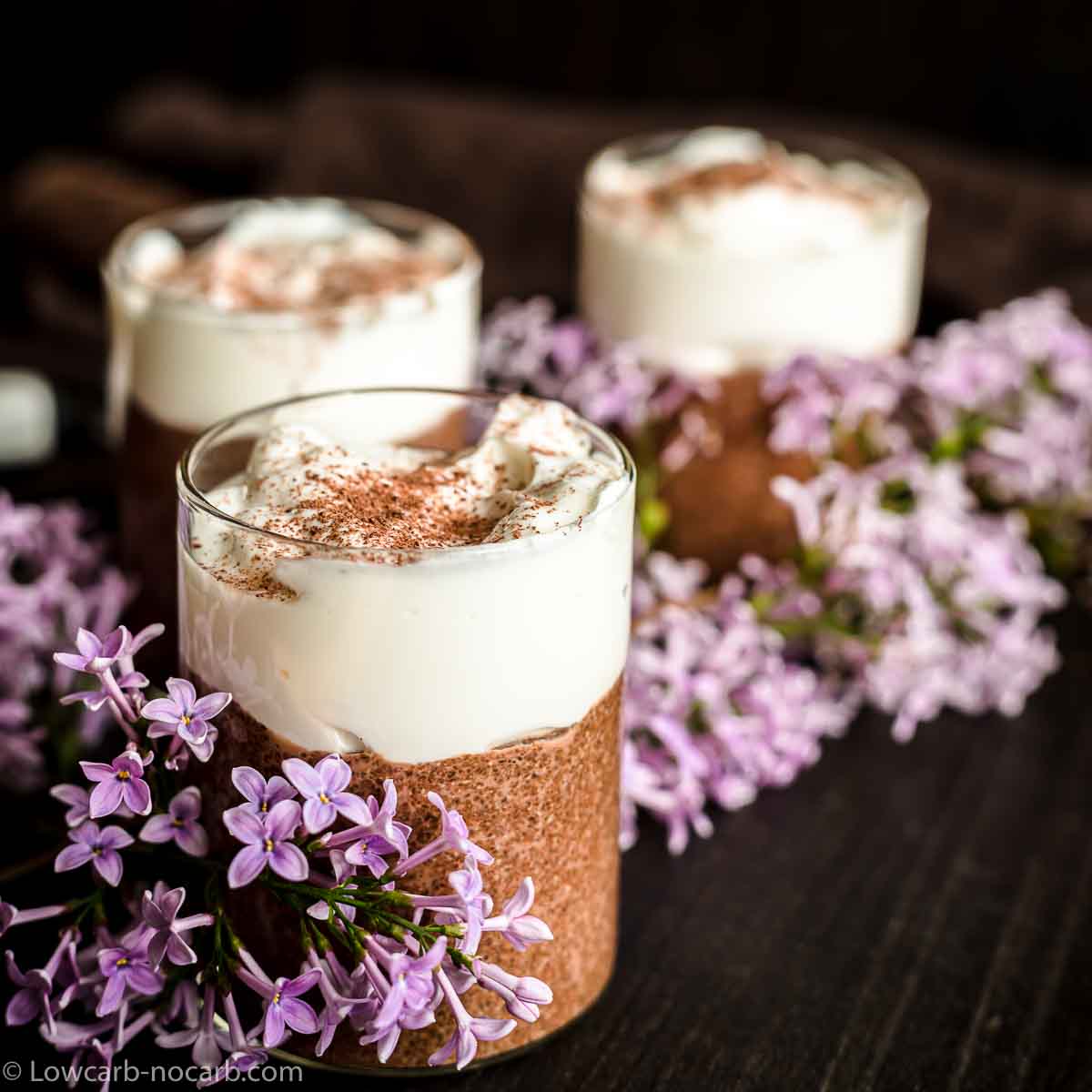 Chocolate Pudding made from Chia seeds and with purple flowers around it