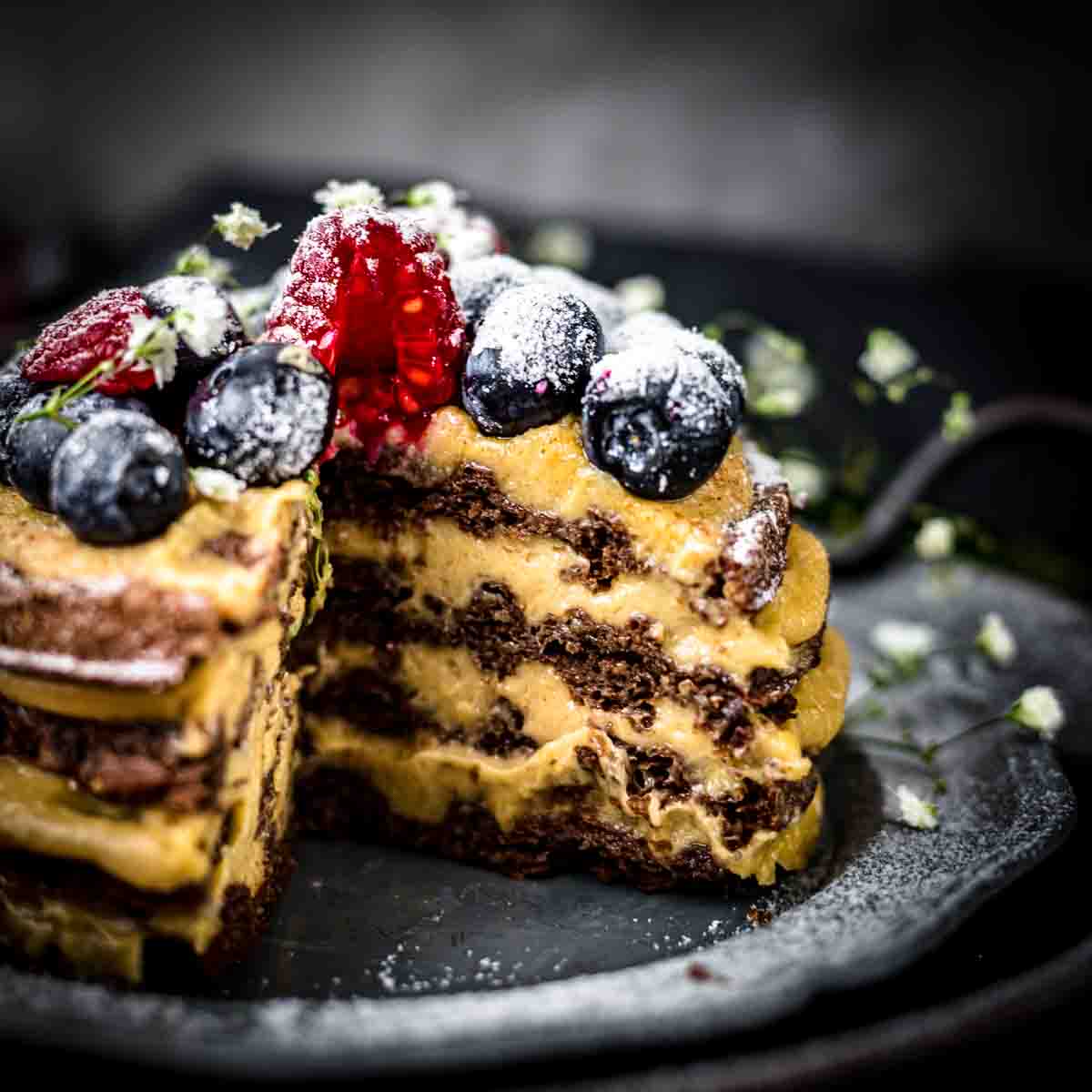Chocolate Chaffle Cake with Peanut Butter Mousse cut from inside