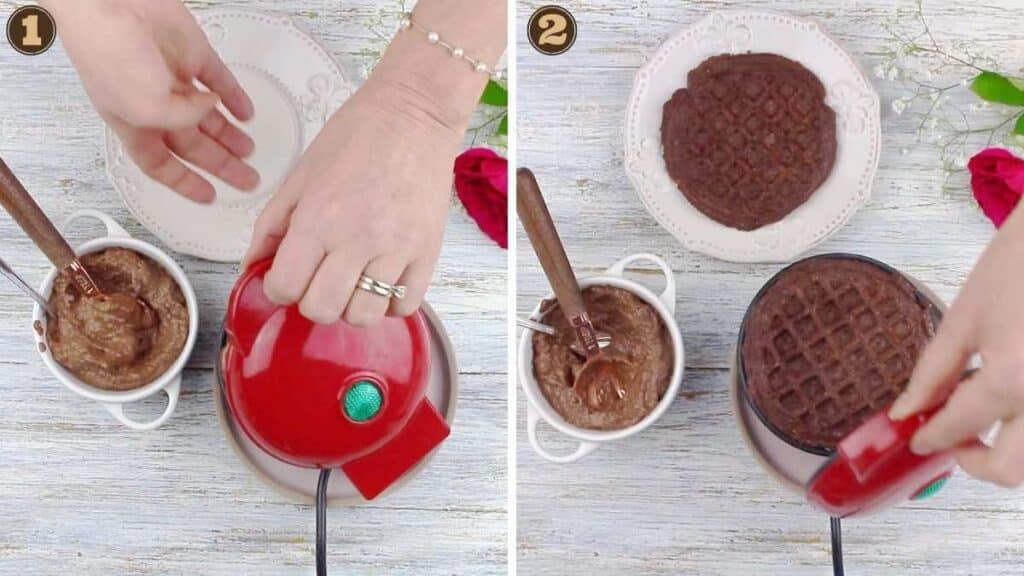Easy Keto Chocolate Chaffle Recipe cooking in a Dash Mini waffle maker