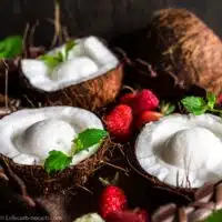 Sugar-Free Coconut Ice Cream in a Coconut shells with strawberries