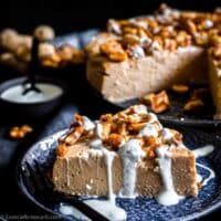 Low Carb Peanut Butter Cheesecake sprinkled with peanuts and yogurt