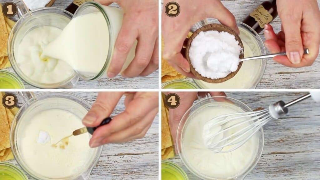 Creamy Keto Mini Pops whisking heavy cream together with sweetener to stiff peak