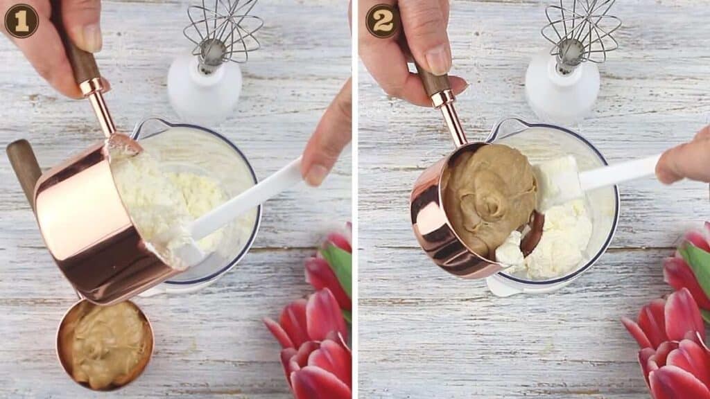 Keto Peanut Butter Mousse mixing whipped cream and peanut butter