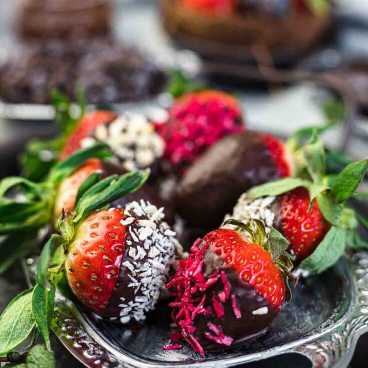 How To Make Keto Chocolate Covered Strawberries on a silver plate