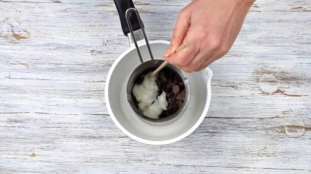 Sugar-Free Chocolate Magic Shell Recipe melting coconut oil and chocolate