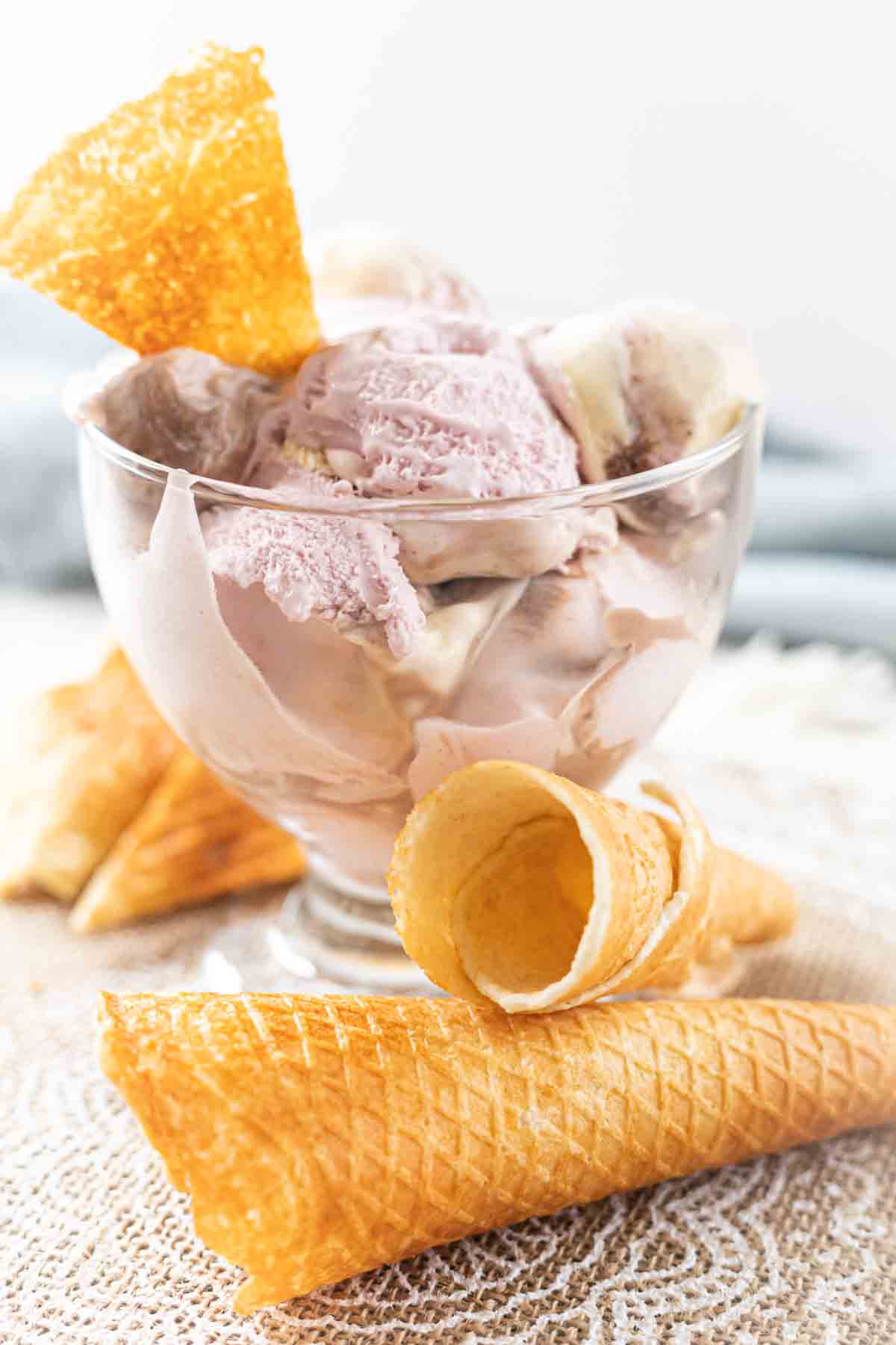 Sugar-Free Ice Cream Cones with glass bowl full of ice cream