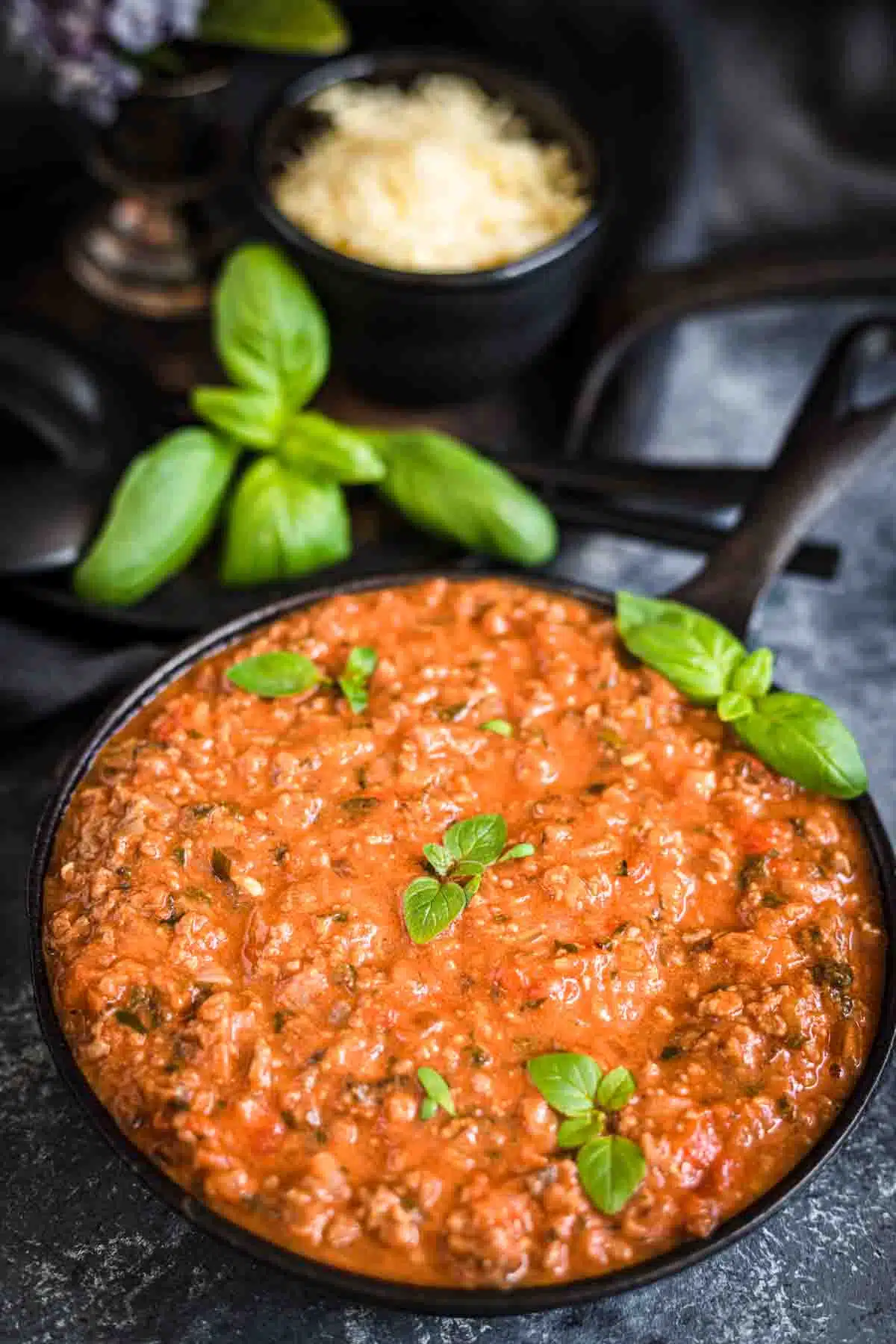 Keto Bolognese Sauce in a black baking dish