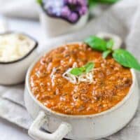 Low Carb Bolognese Sauce in a cream dish