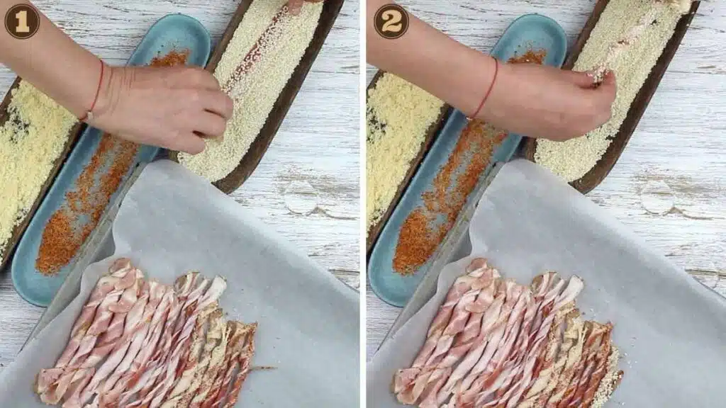 Twisted Bacon dipping bacon onto sesame seeds