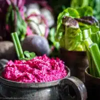 Bright Beetroot Low Carb Spread in a dark pot