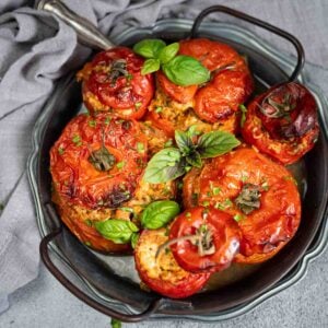 Mince Stuffed Tomatoes served on an old silver rounded plate