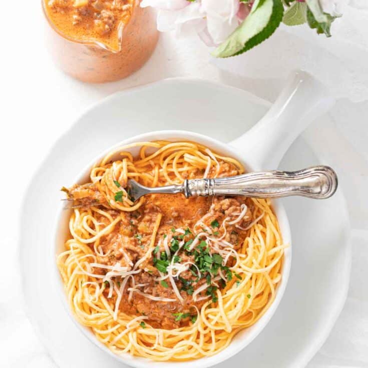 Keto Spaghetti Sauce served on a white plate