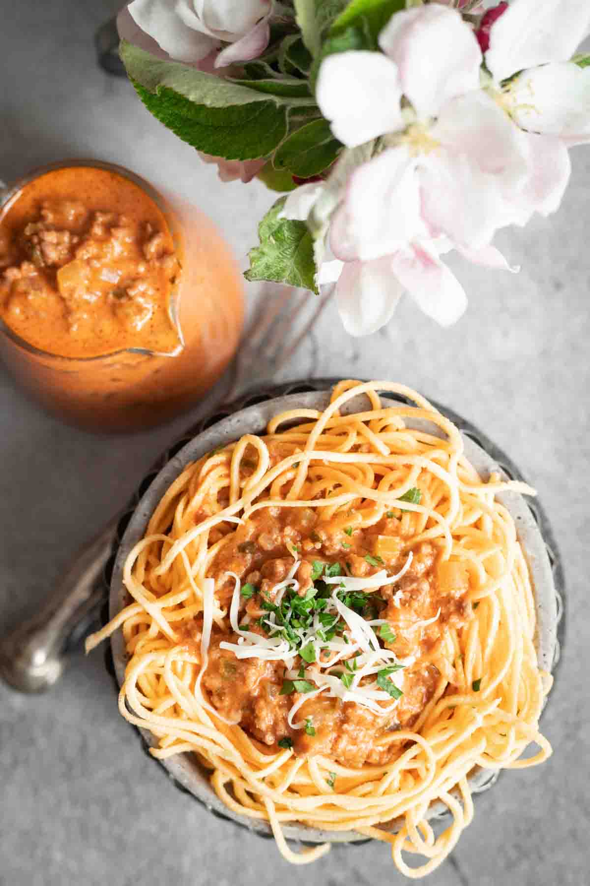 Low Carb Pasta Bolognese with cheese in a bowl