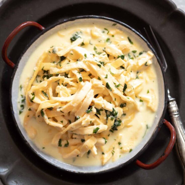 Alfredo Sauce with Heavy Cream served on a red plate