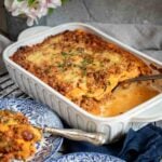 Low Carb Lasagna Bolognese inside the casserole